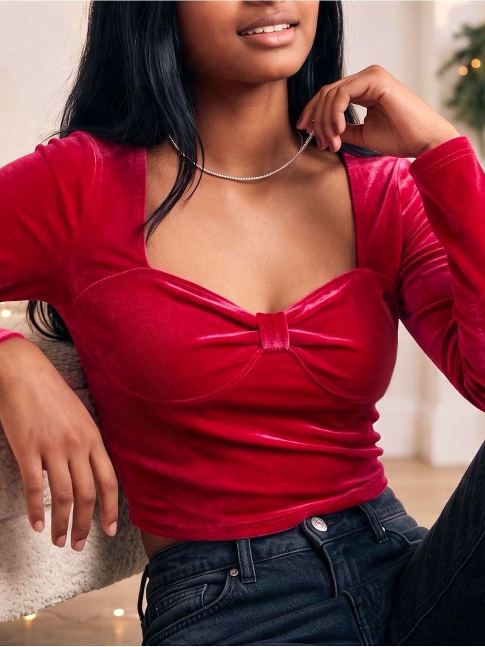 HOLLISTER Red Velvet Sweetheart Bow Crop Top Coquette S